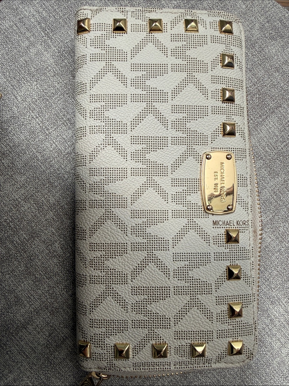 Michael Kors White Perforated MK Logo Zip Wallet with Gold Studs